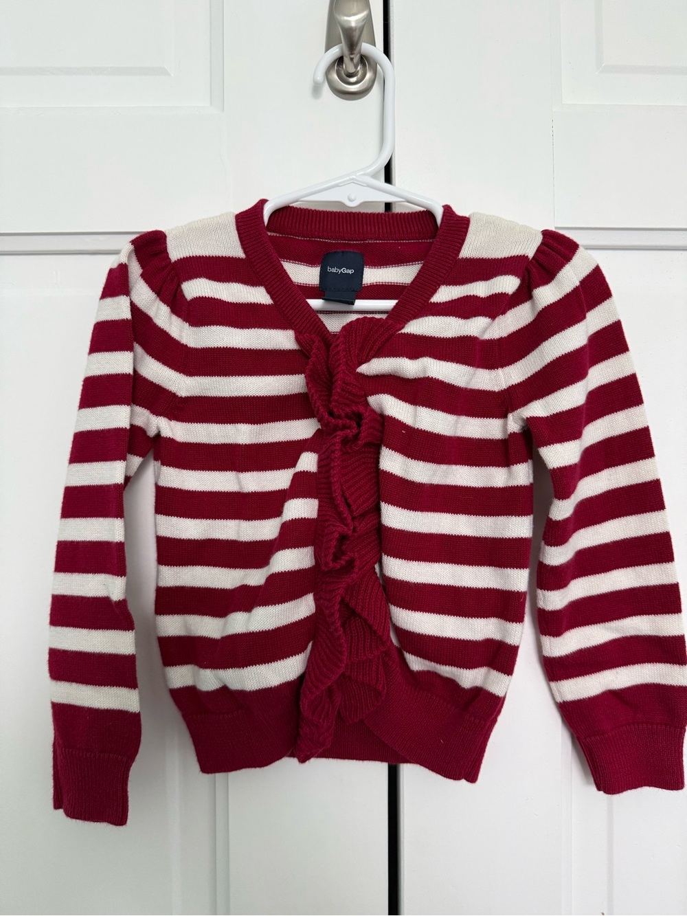 GAP Red & White Striped Ruffle Front Cardigan